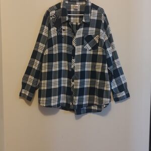 Terra & Sky Size 2X Dark Blue and White Plaid Long Sleeve Button Shirt